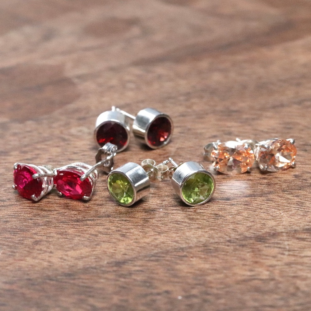 Sterling Silver Gemstone Stud Earrings Lot of 4 Sets Garnet, Peridot, Ruby Topaz